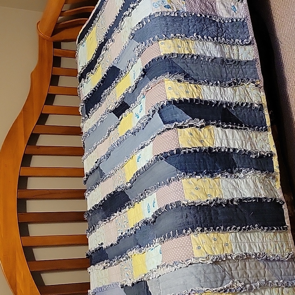 HAND CRAFTED Twin Rag Quilt UPCYCLED Denim Blue Jeans Yellow Gray Blue Fabric